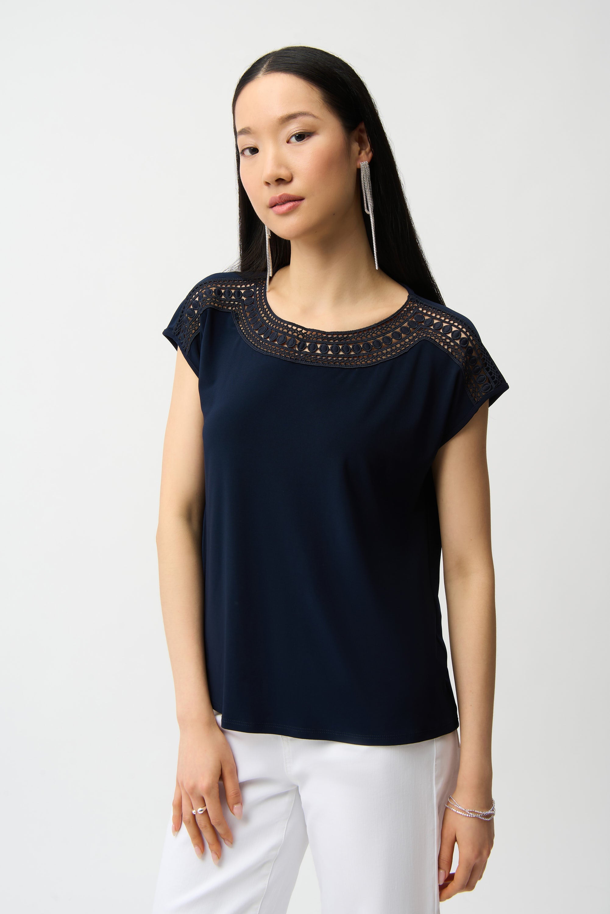 Silky Knit Straight Top With Guipure At Neckline 261200