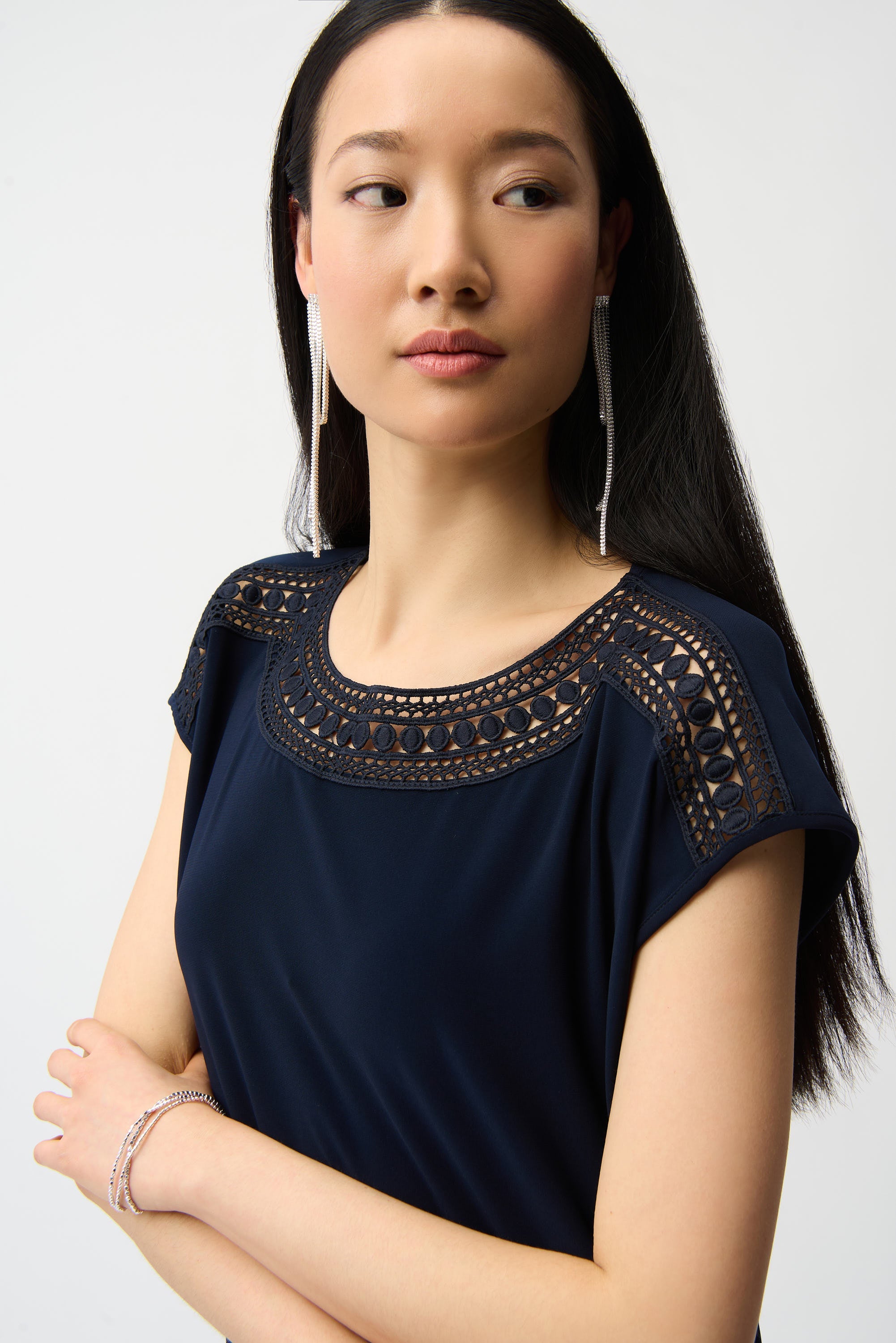 Silky Knit Straight Top With Guipure At Neckline 261200