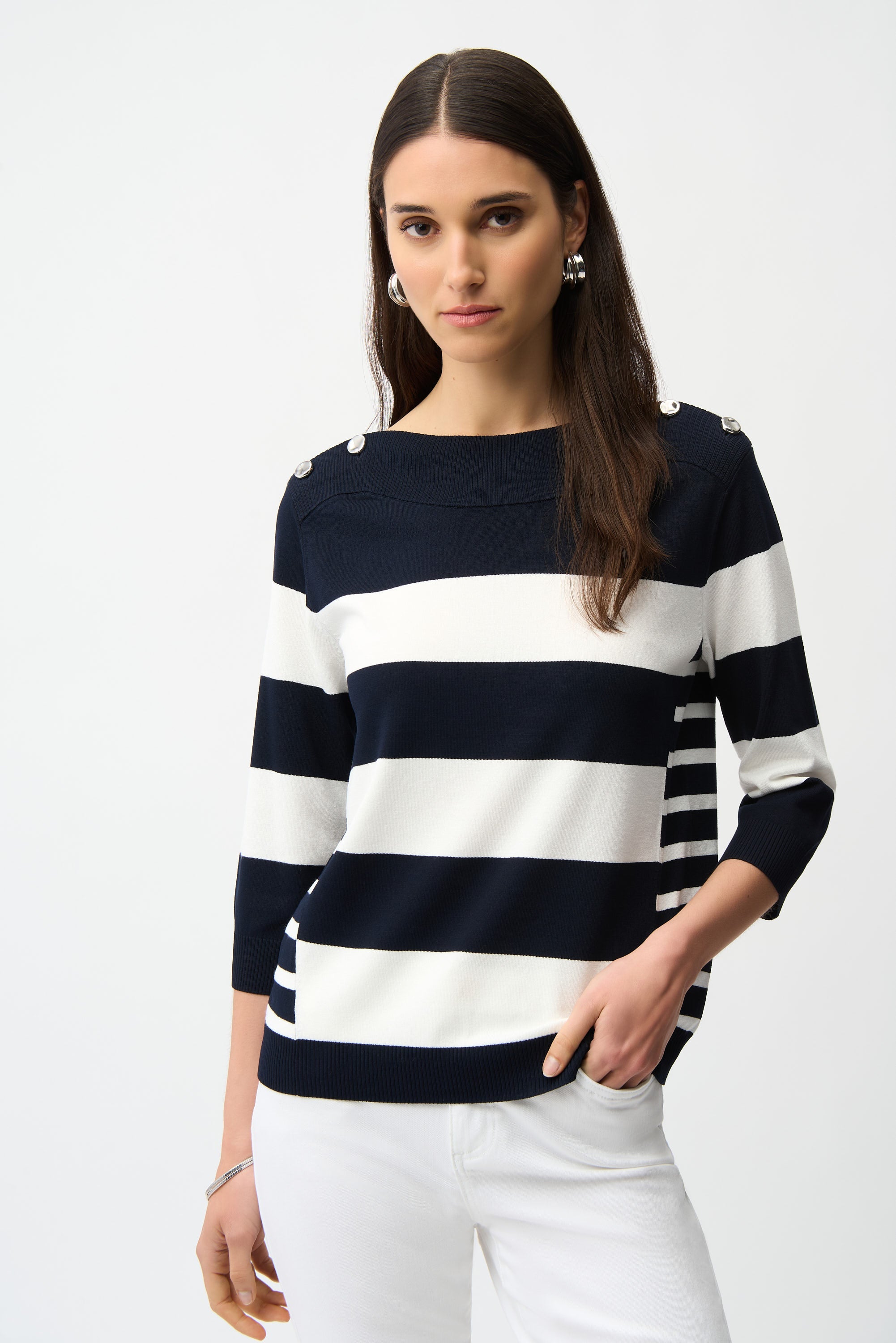 Viscose Blend Stripe Print Long Sleeve Sweater with Boat Neckline 261963