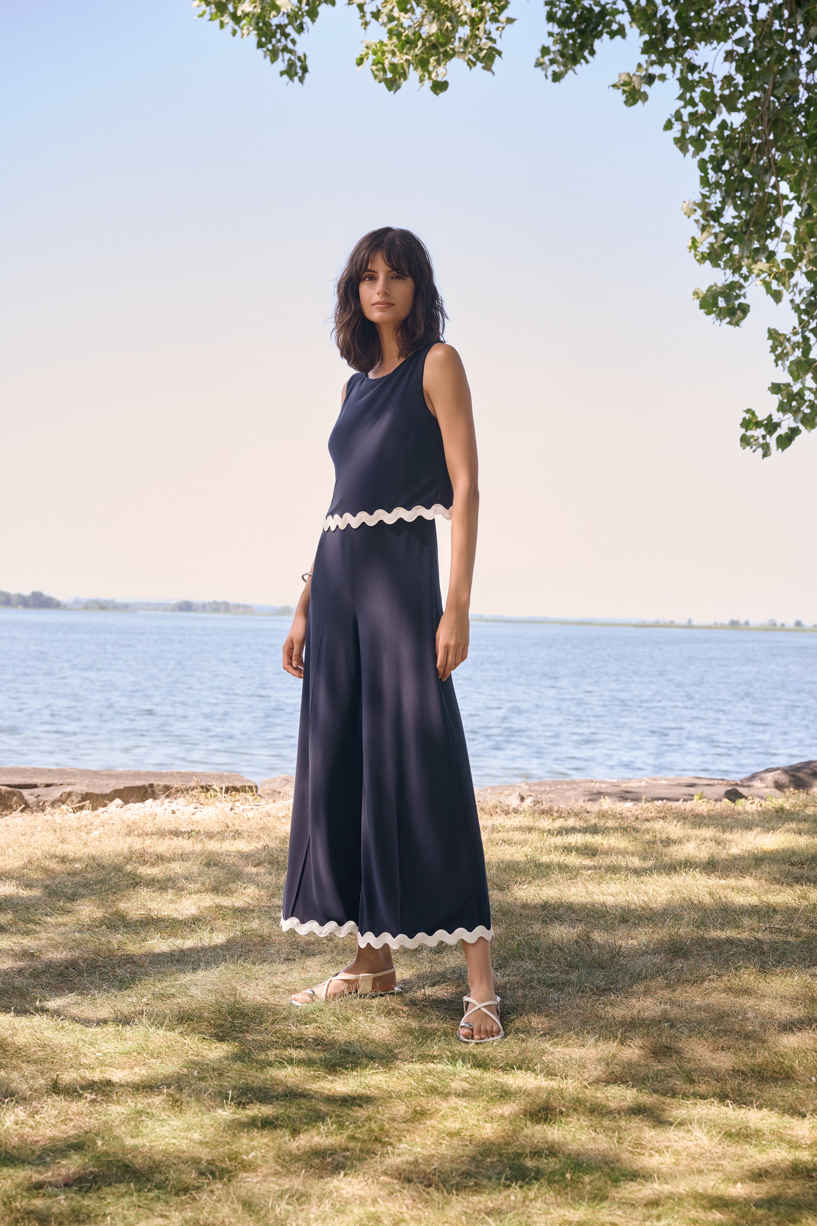 Silky Knit Culotte Jumpsuit With Contrast Trim 262144