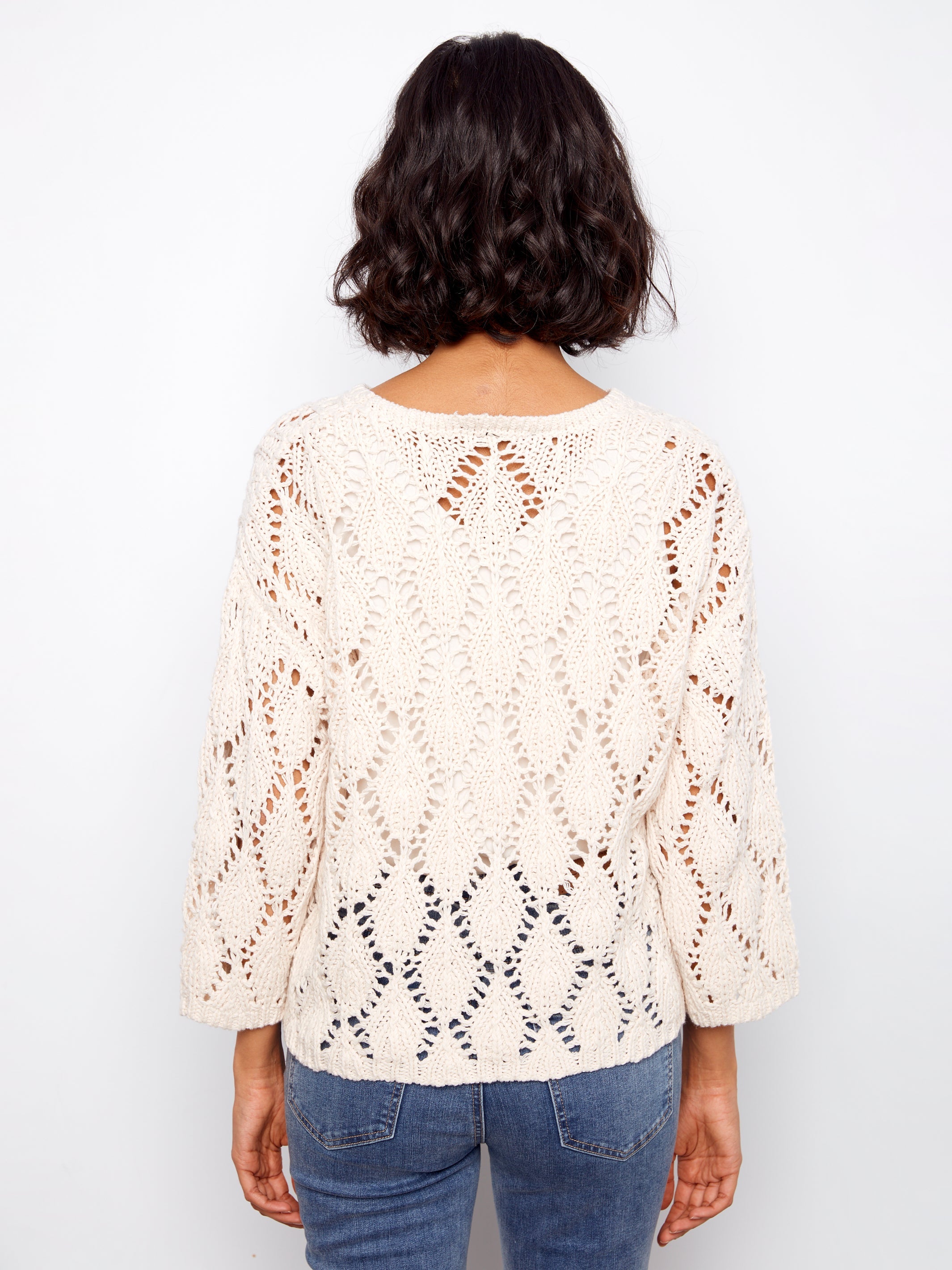 3/4 Sleeve Crochet Crew Neck Sweater
