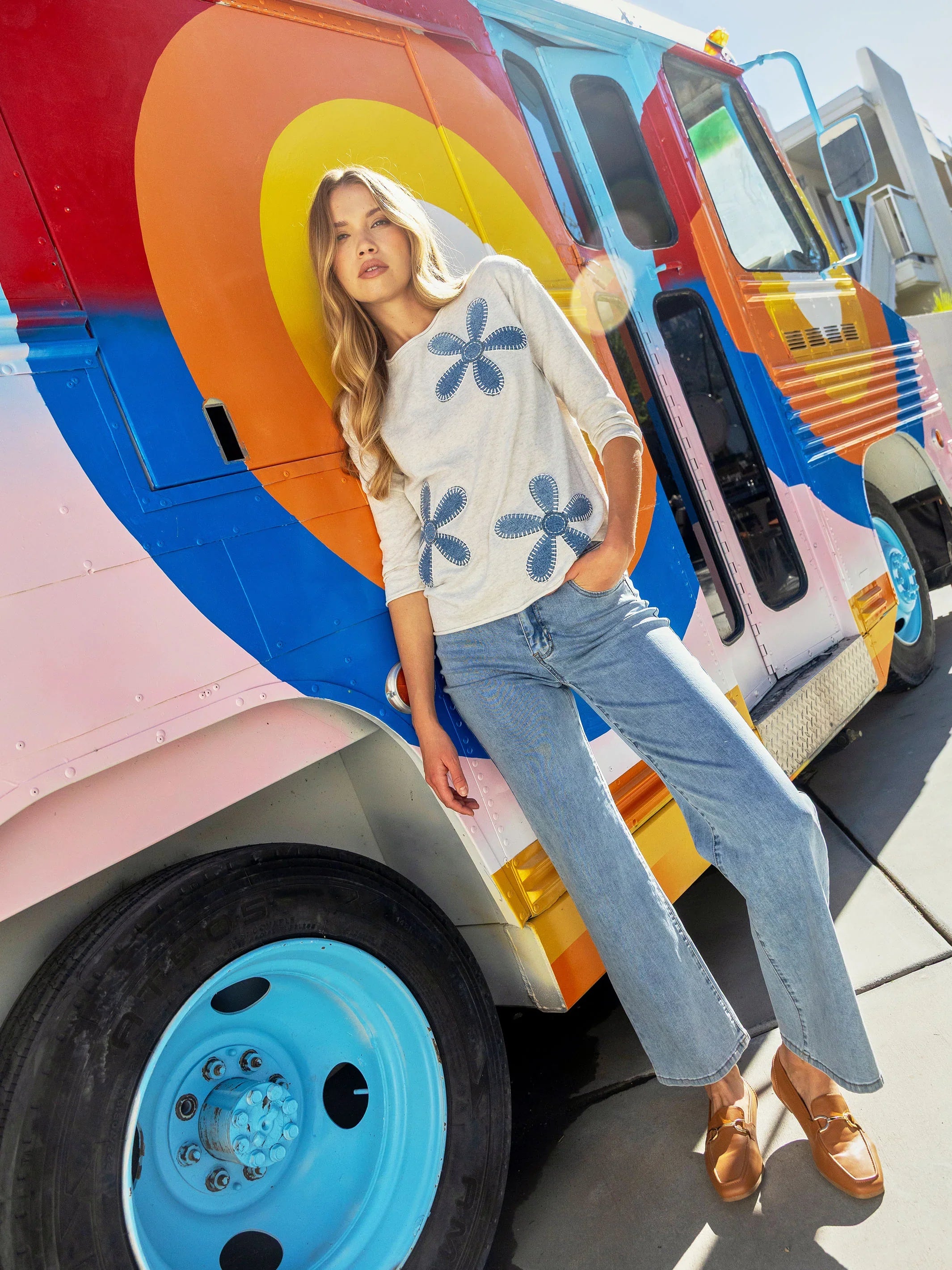 3/4 Sleeve Crew Neck Sweater With Placed Denim Patches