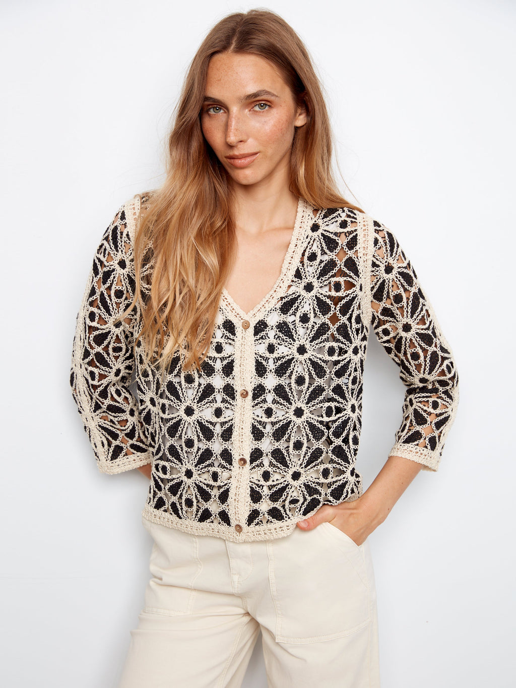 3/4 Sleeve Crochet V-Neck Cardigan