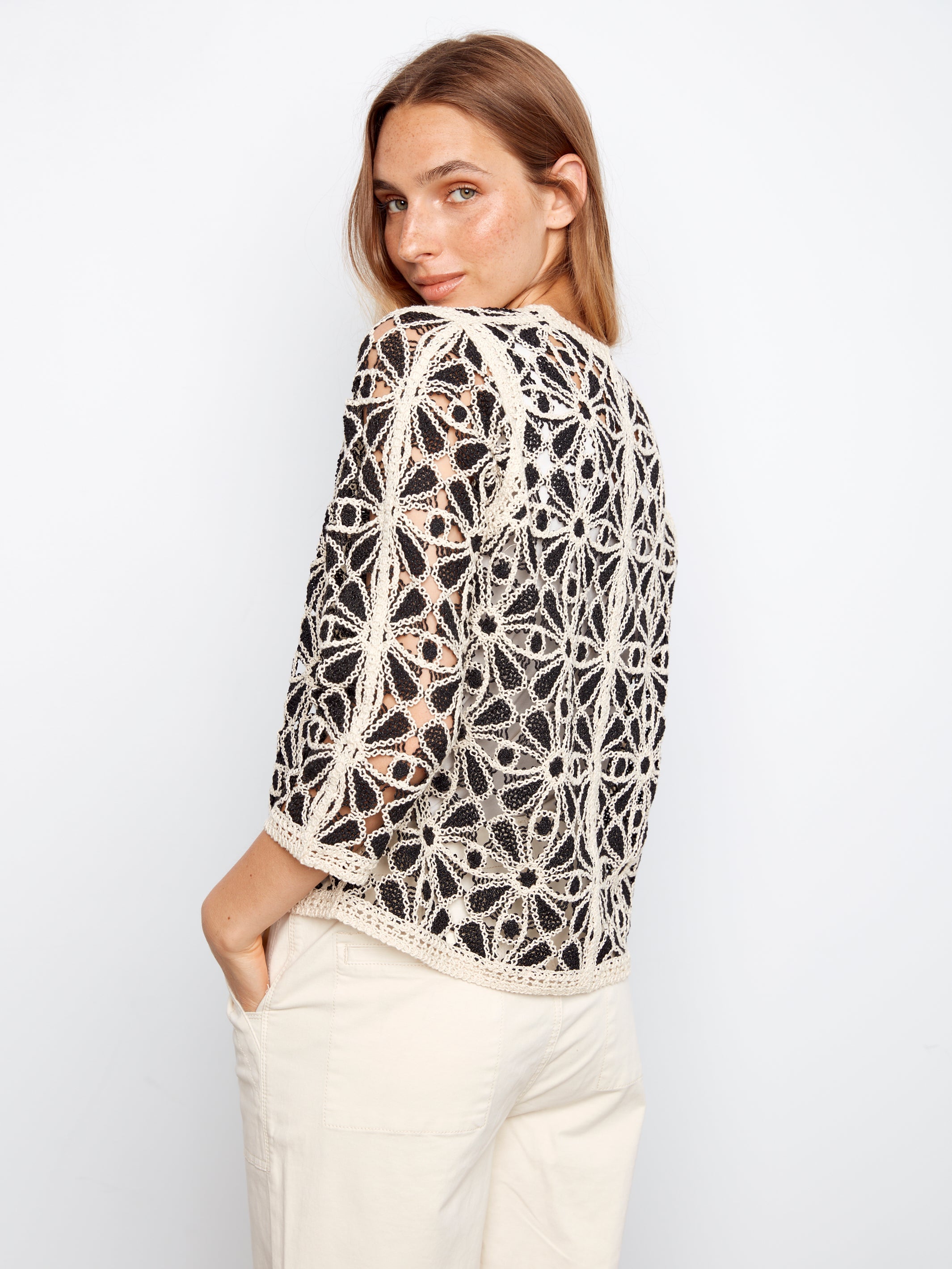 3/4 Sleeve Crochet V-Neck Cardigan