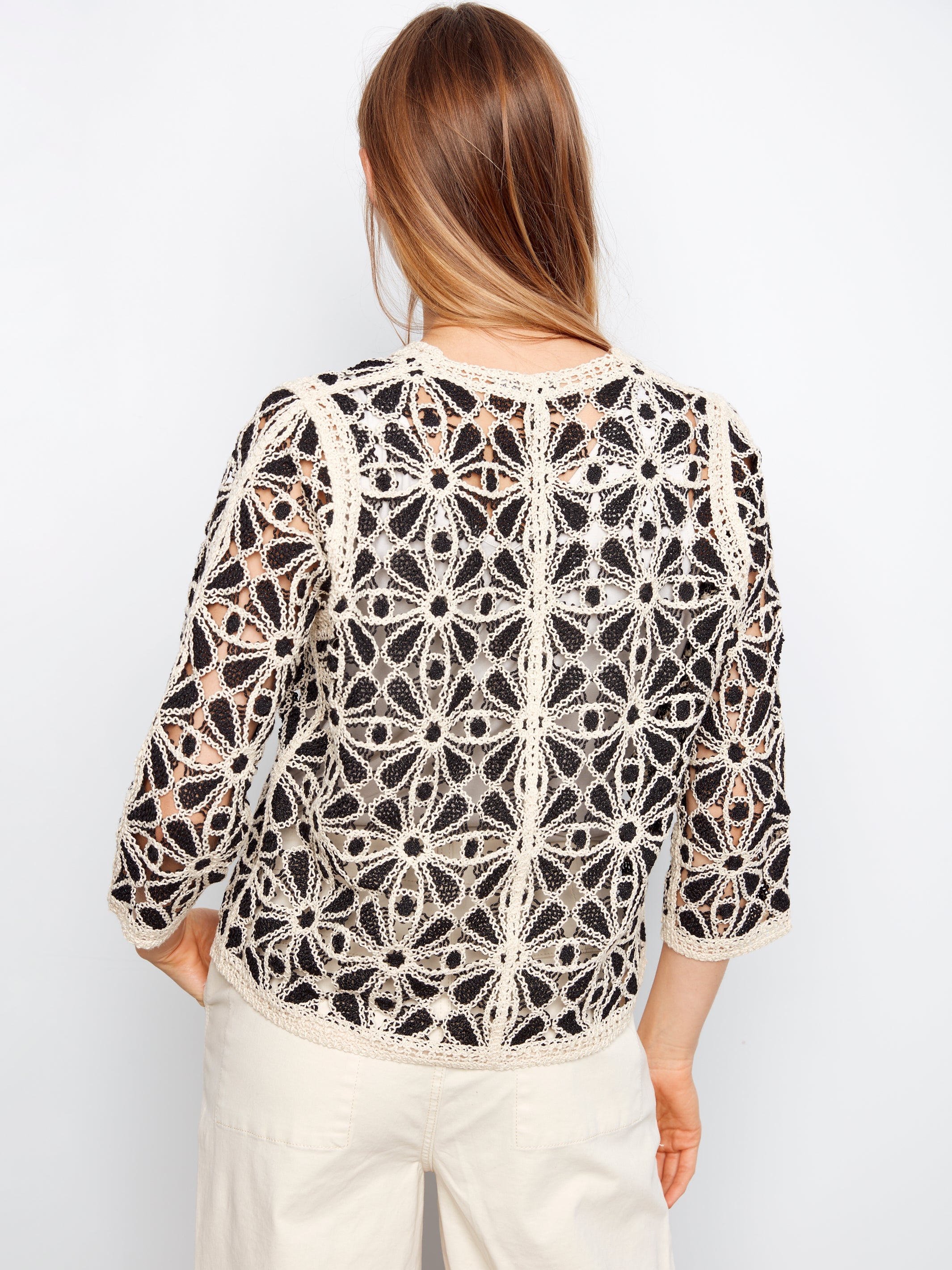 3/4 Sleeve Crochet V-Neck Cardigan