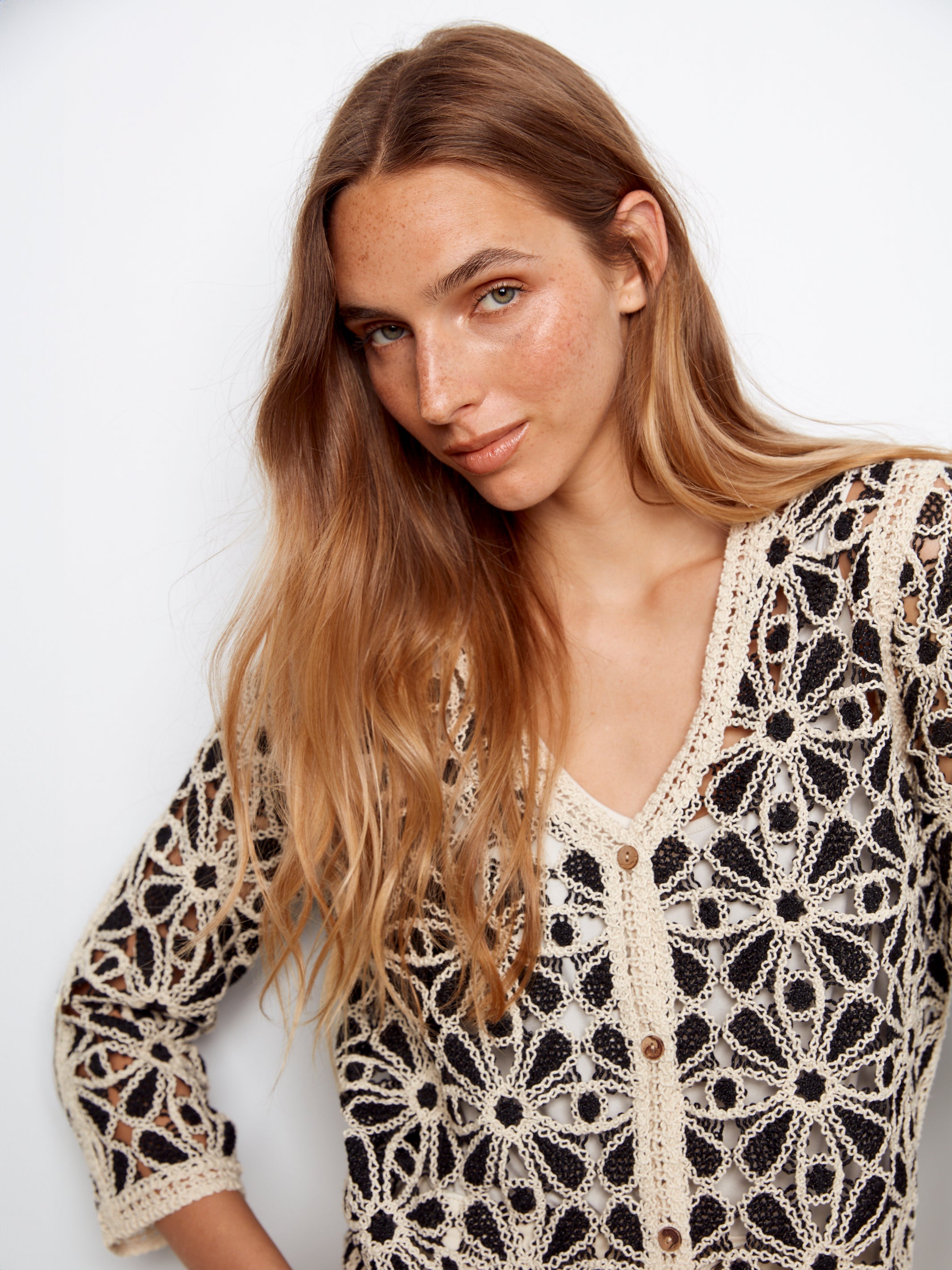 3/4 Sleeve Crochet V-Neck Cardigan