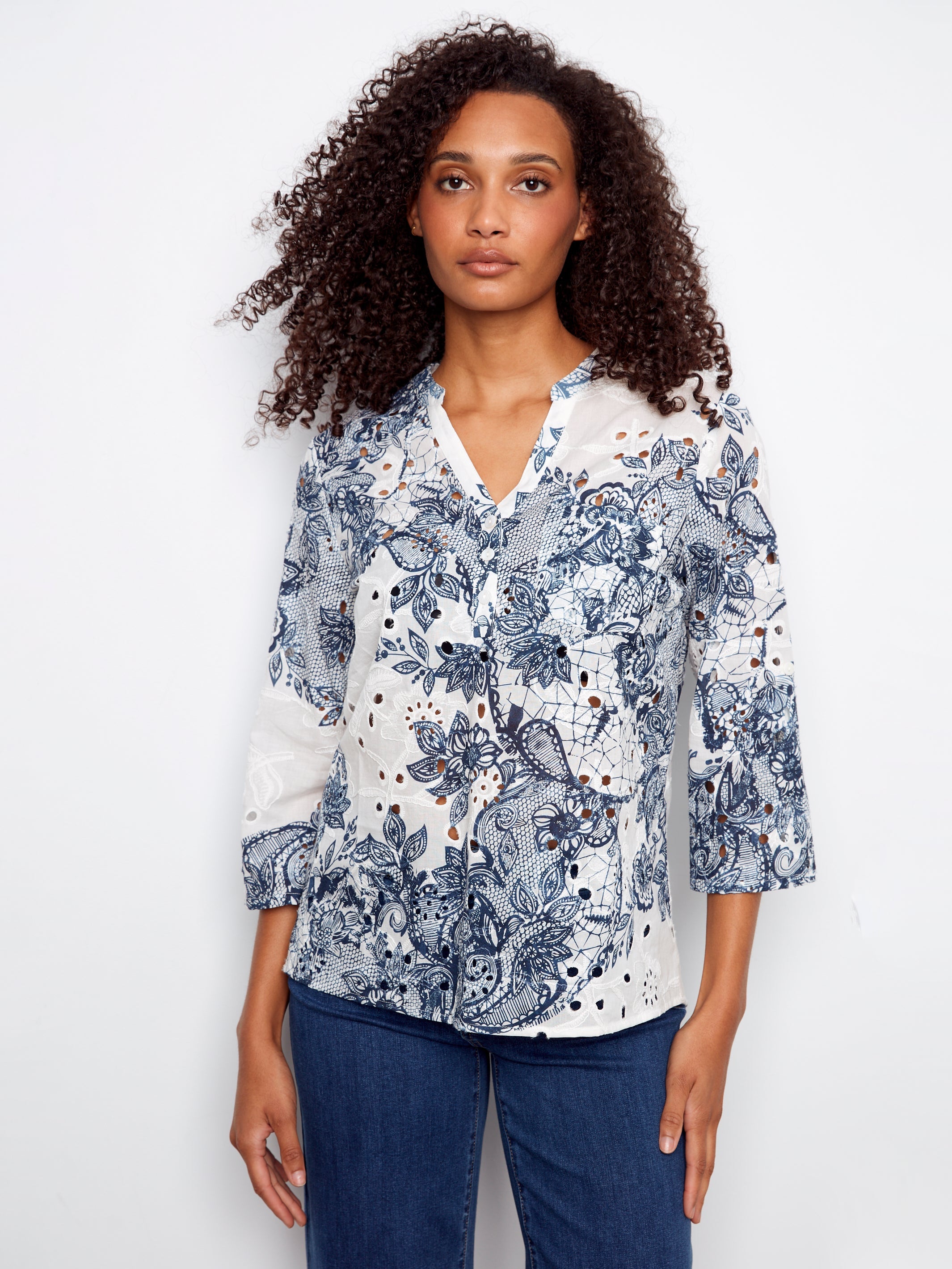 3/4 Roll Up Sleeve Printed Eyelet Henley Blouse