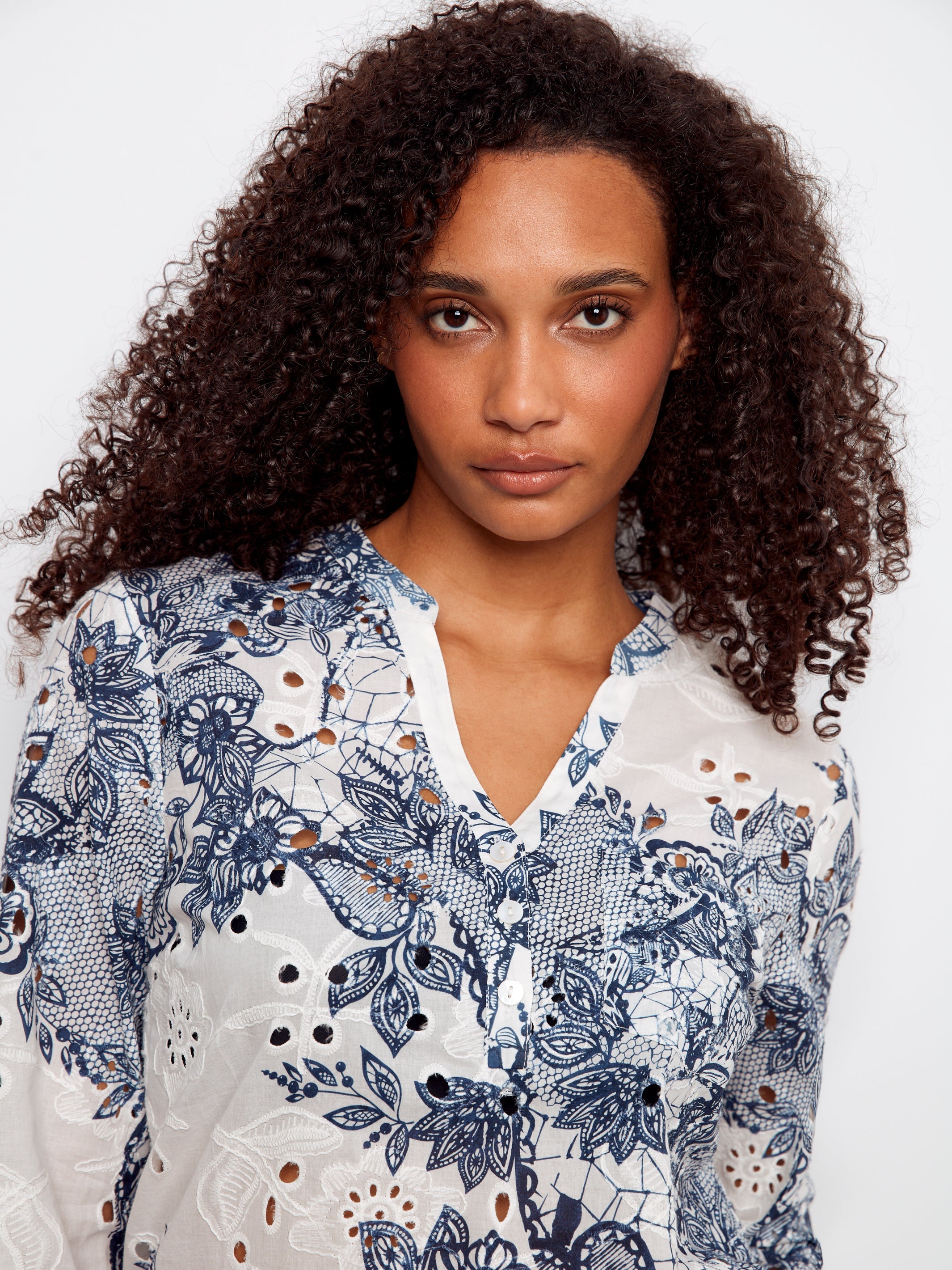 3/4 Roll Up Sleeve Printed Eyelet Henley Blouse
