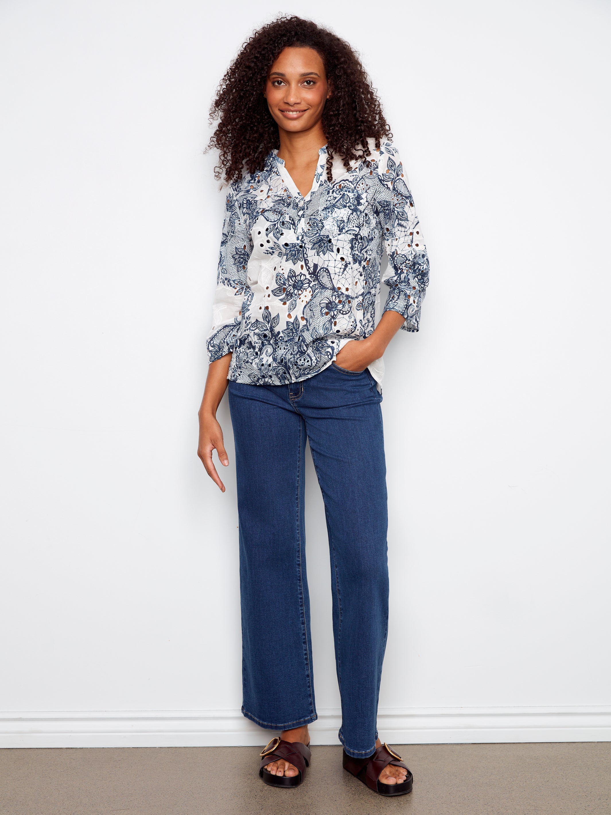 3/4 Roll Up Sleeve Printed Eyelet Henley Blouse