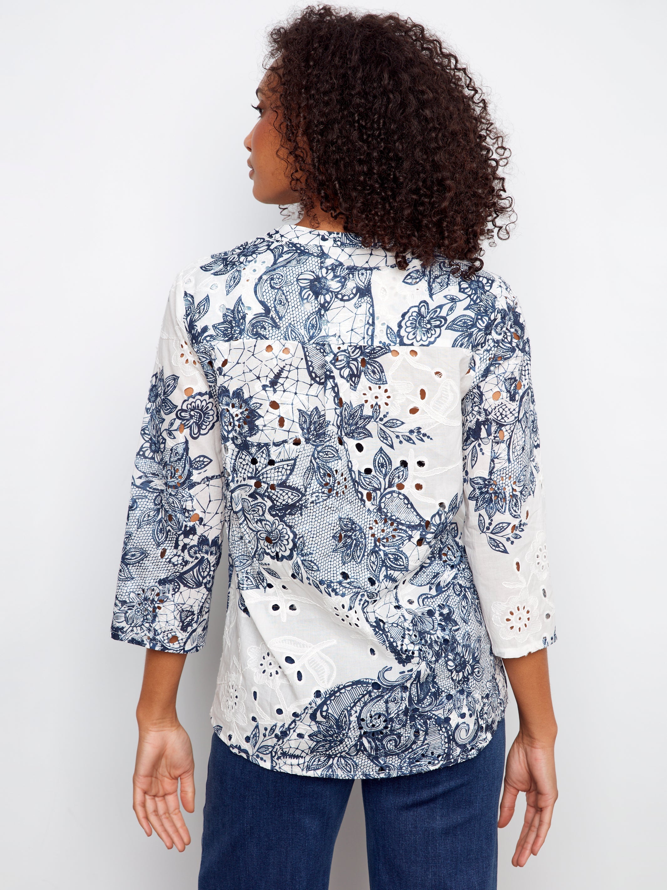 3/4 Roll Up Sleeve Printed Eyelet Henley Blouse