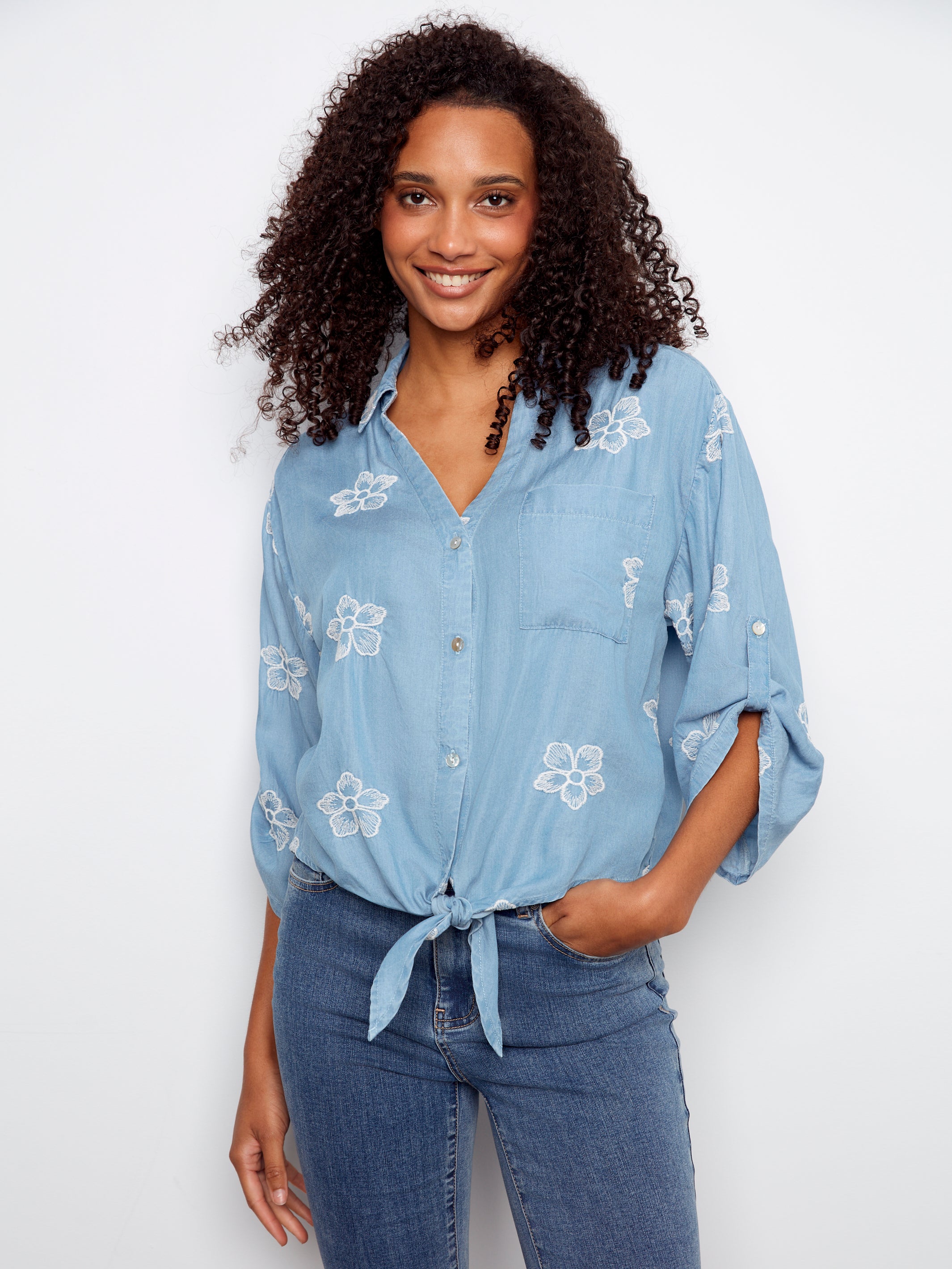 3/4 Rolled Up Sleeves Blouse With All Over Embroidery And Front Tie