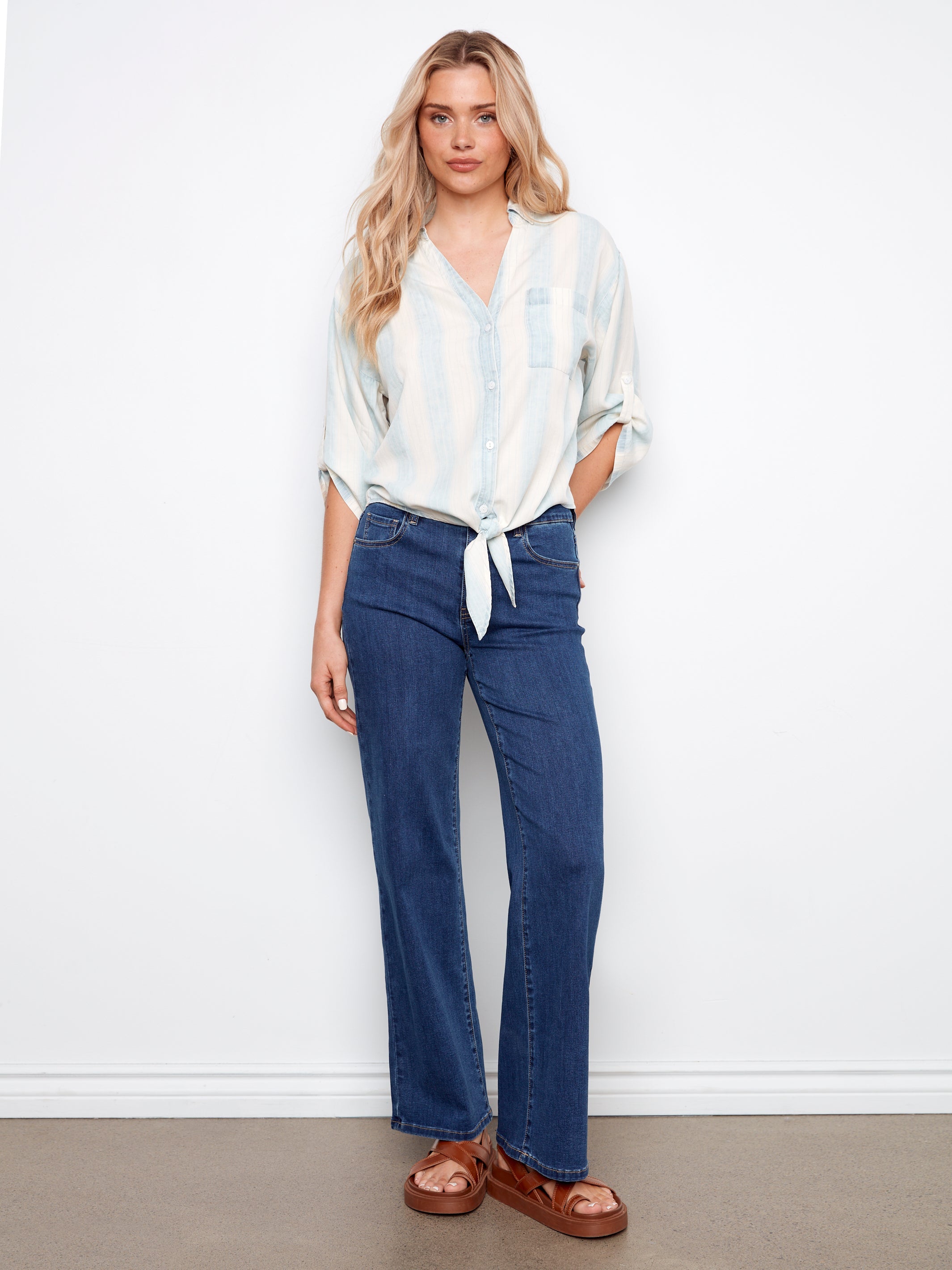 3/4 Roll Up Sleeve Yarn-Dye Striped  Blouse With Front Tie