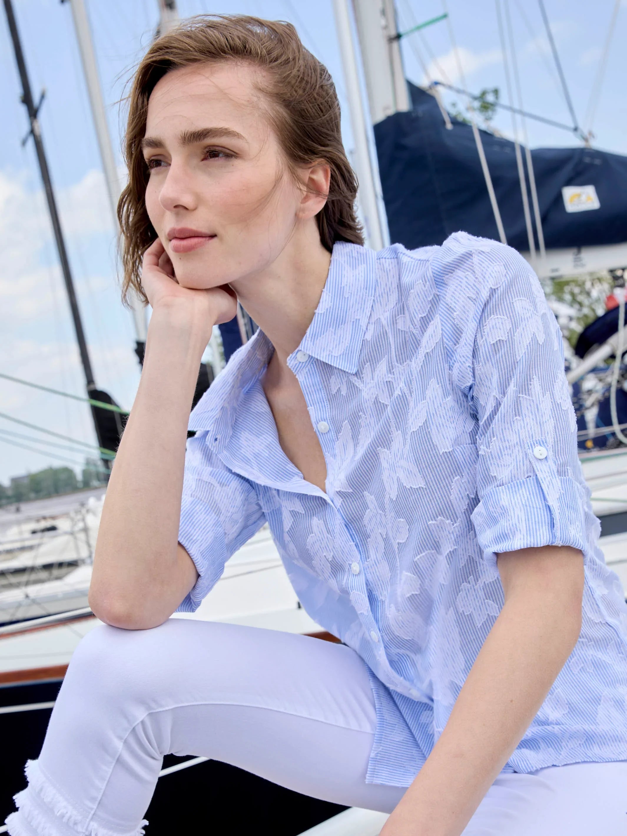 3/4 Roll Up Sleeve Embroidered Yarn Dyed Stripes Blouse