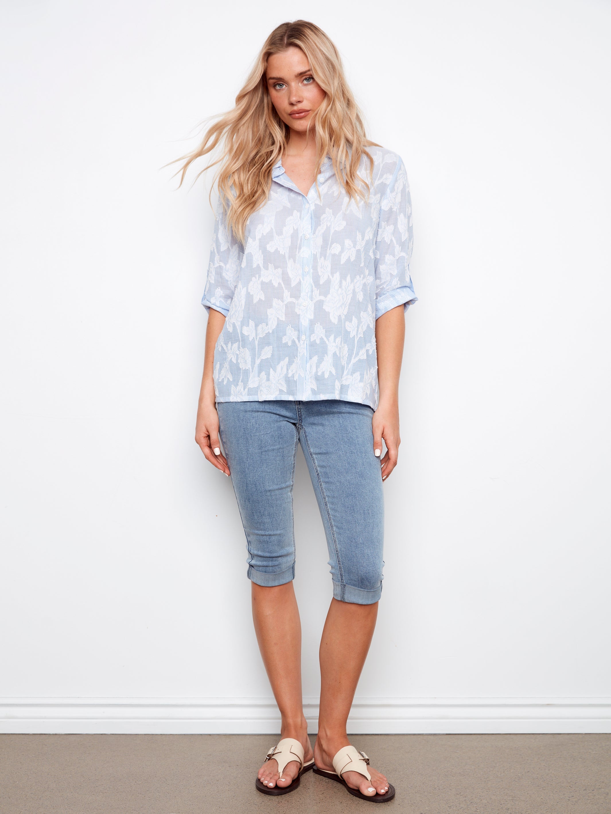 3/4 Roll Up Sleeve Embroidered Yarn Dyed Stripes Blouse