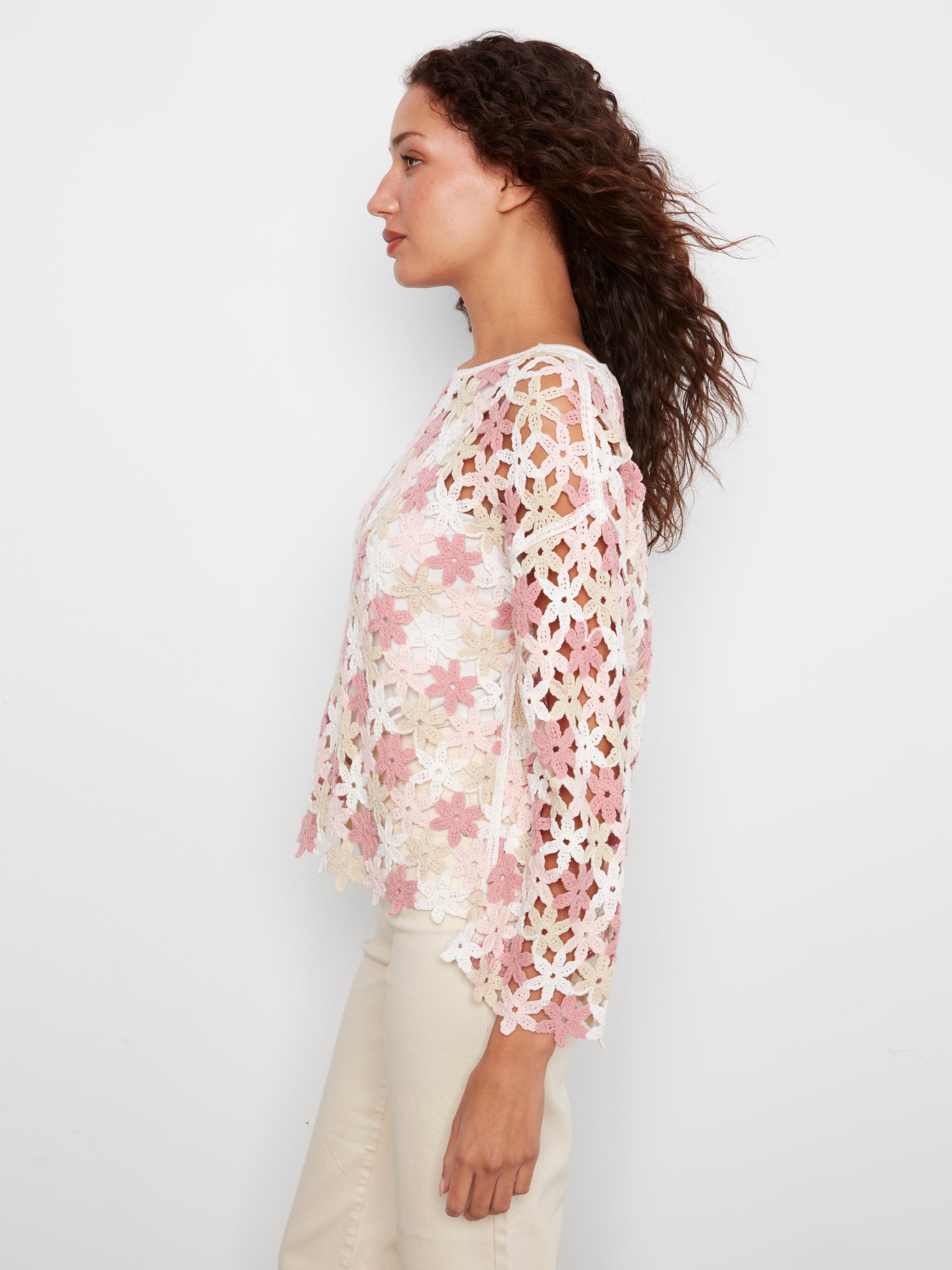 3/4 Sleeve Crochet Flower Blouse