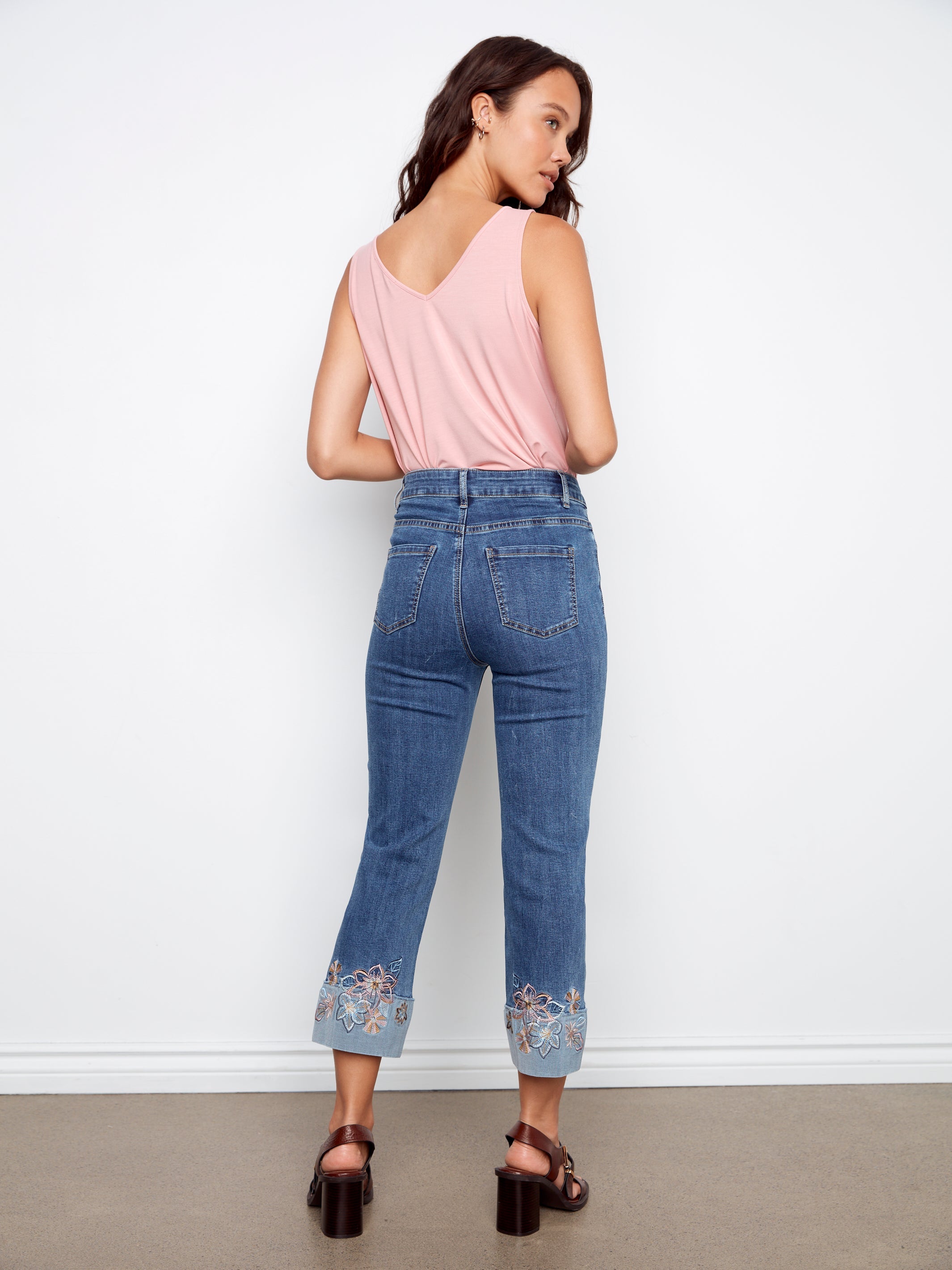 Cropped Stretch Denim Pants With Embroidered Cuff