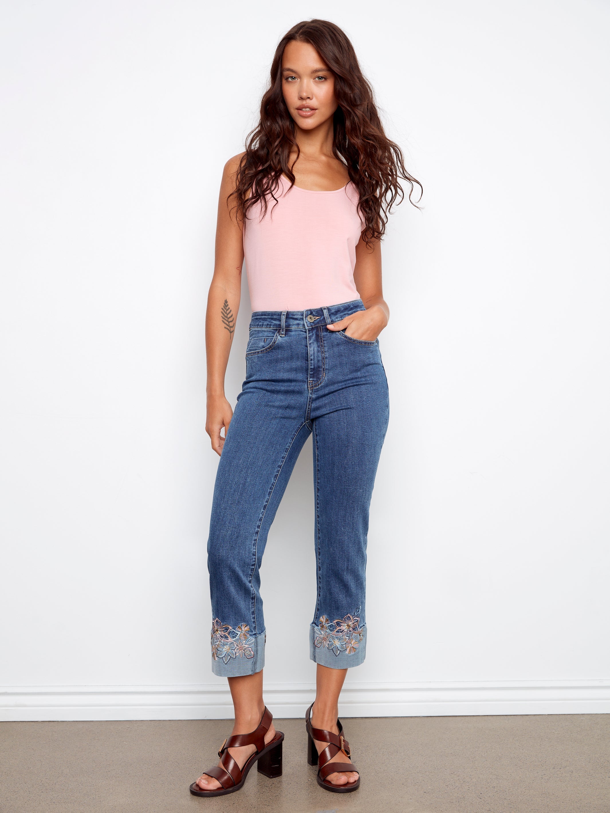 Cropped Stretch Denim Pants With Embroidered Cuff