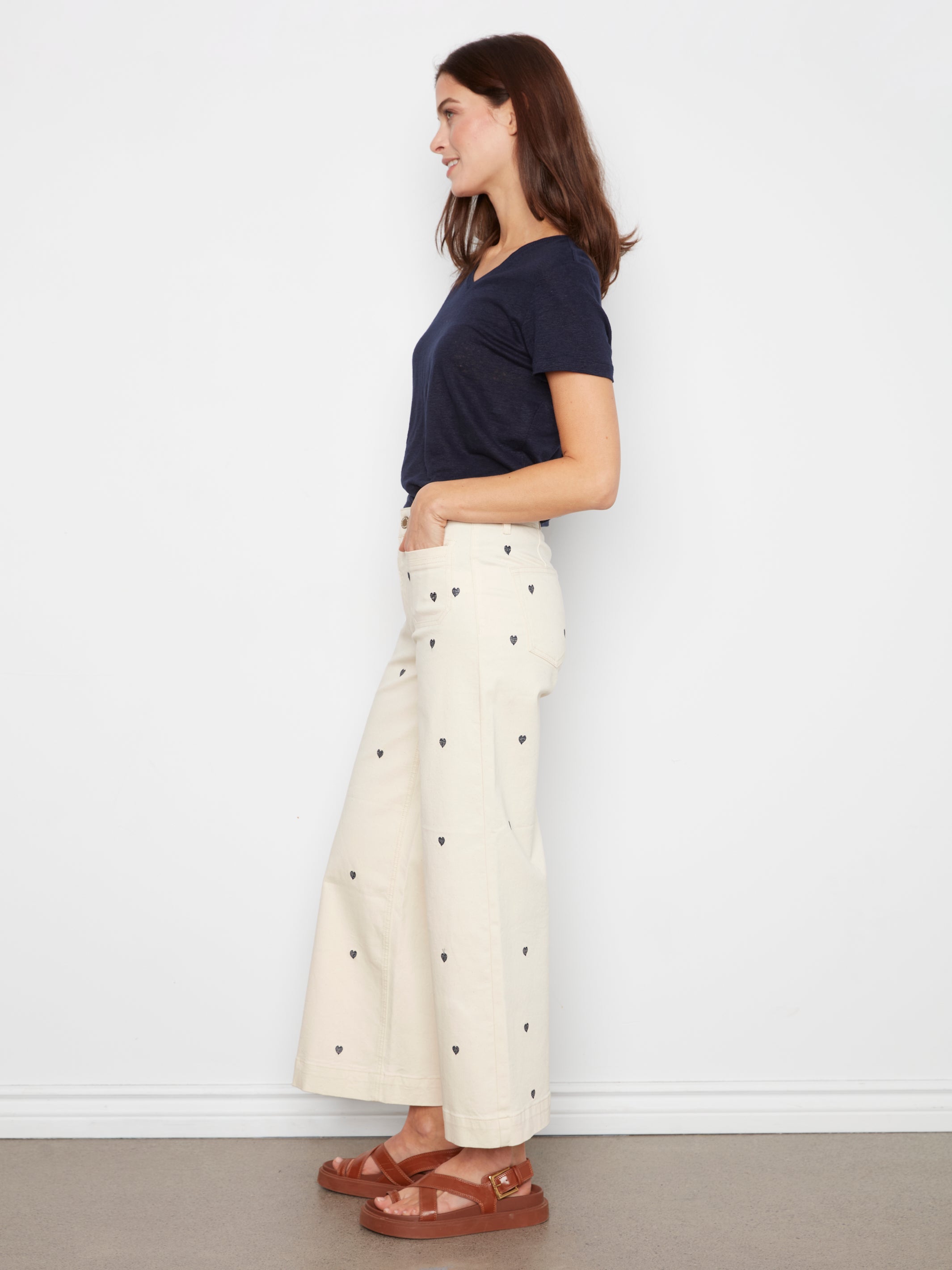 All Over Embroidered Cropped Patch Pocket Flare FlexTwill Pants