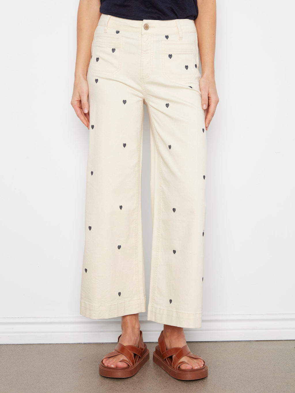 All Over Embroidered Cropped Patch Pocket Flare FlexTwill Pants