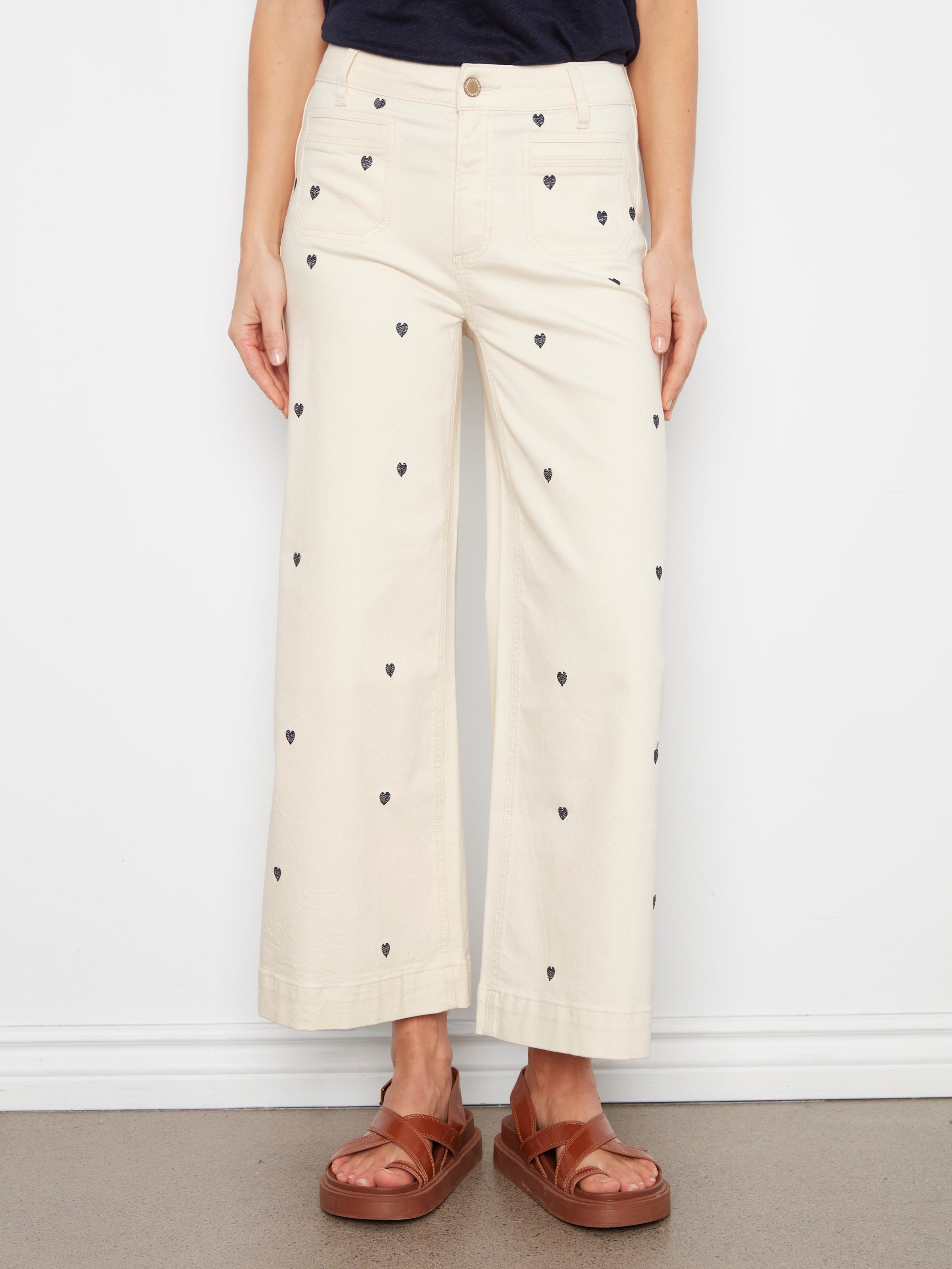 All Over Embroidered Cropped Patch Pocket Flare FlexTwill Pants