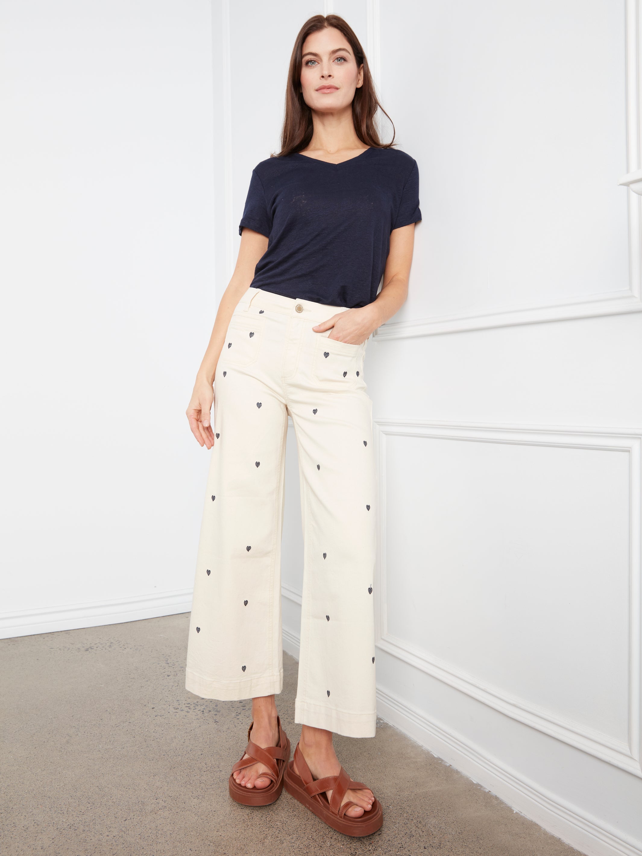 All Over Embroidered Cropped Patch Pocket Flare FlexTwill Pants