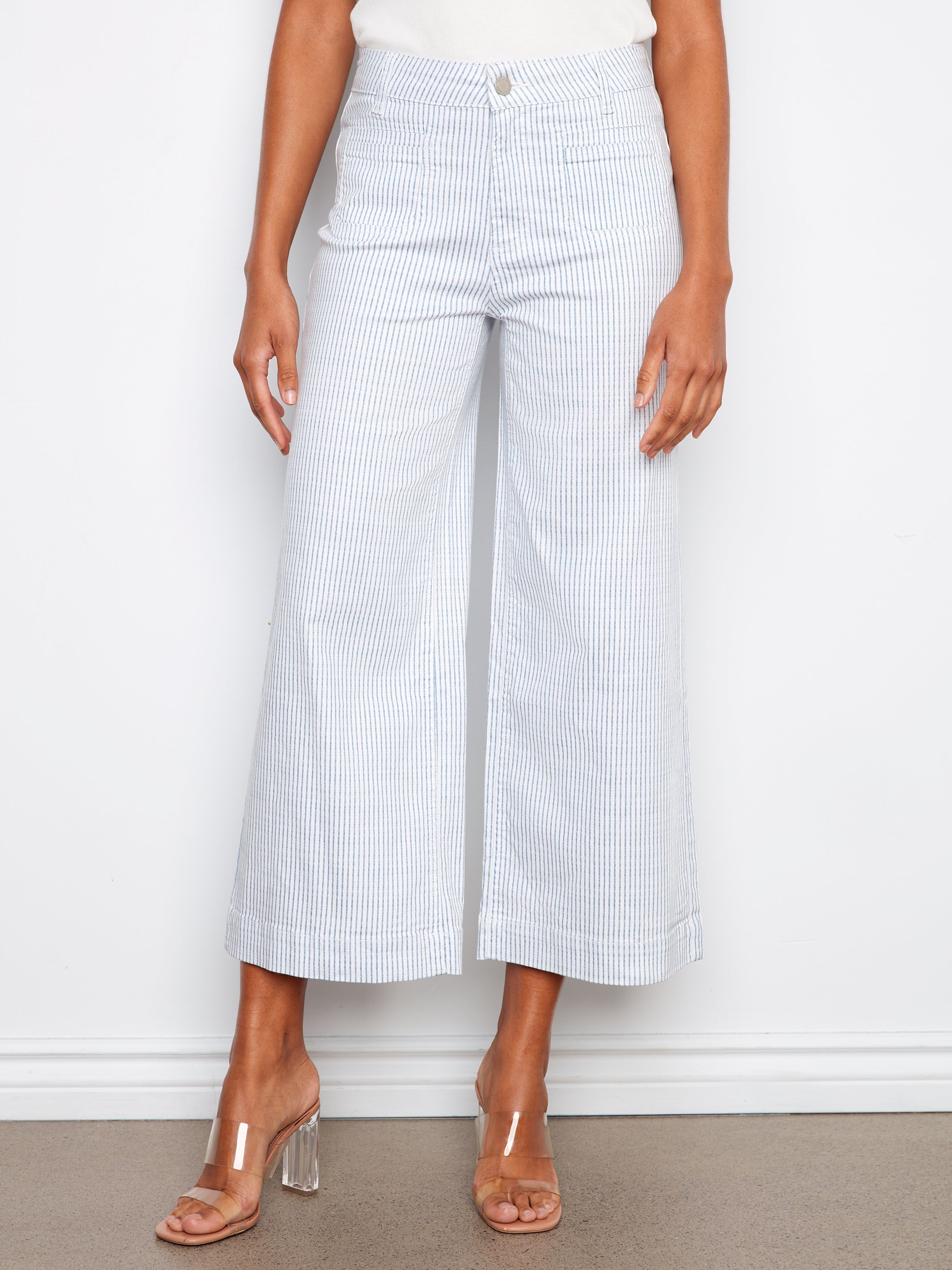 Yarn Dye Striped Twill Cropped Patch Pocket Flare Pants