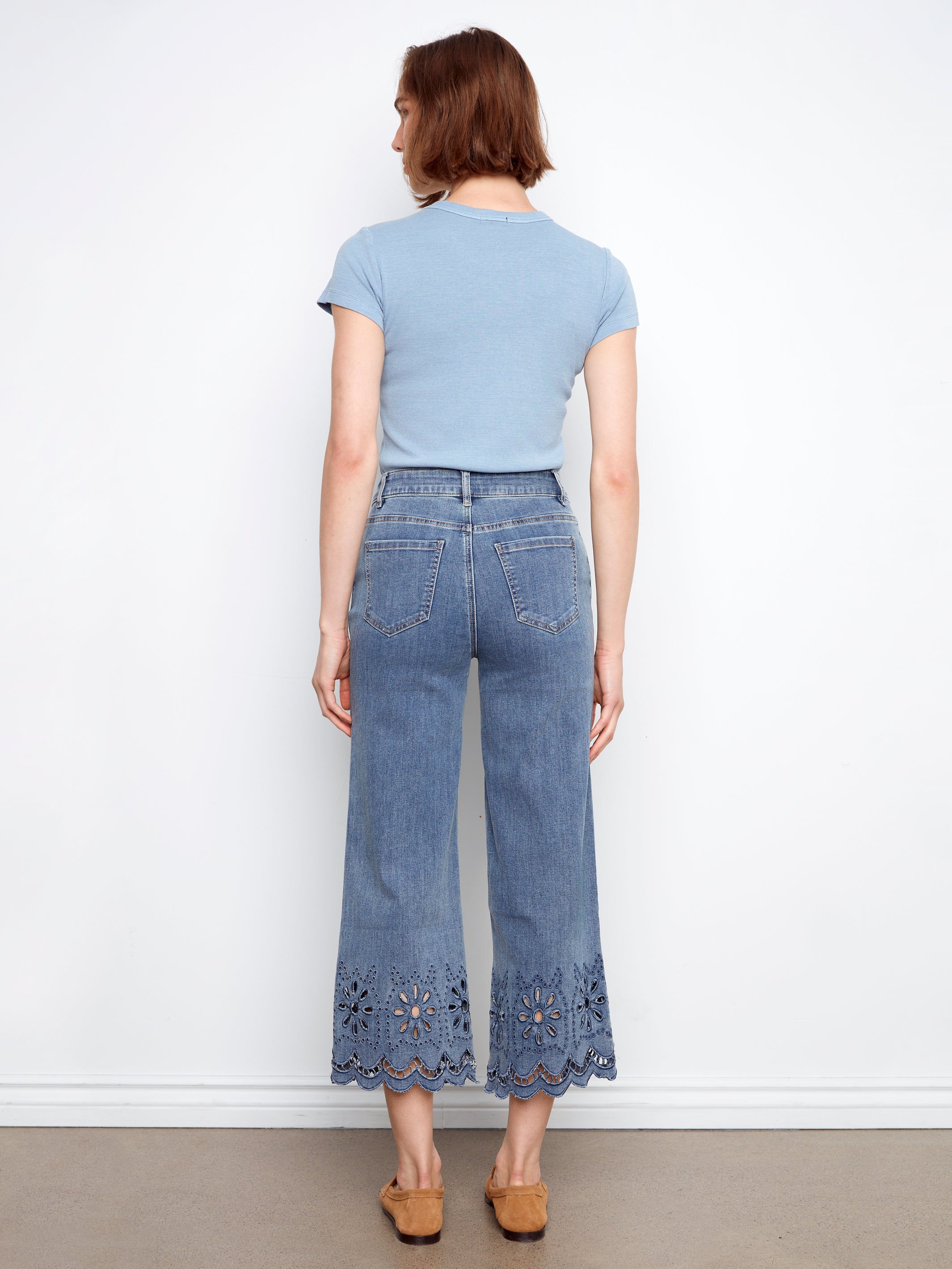 Scallop Eyelet Hem Wide Leg Stretch Denim Pants