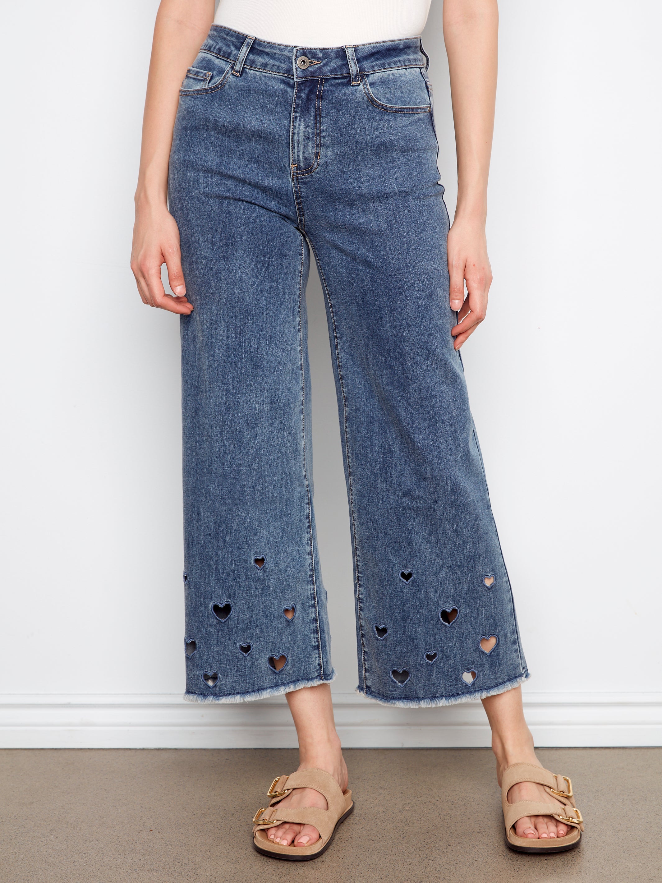 Wide Leg Stretch Denim Pants With Heart Cut Outs At Hem