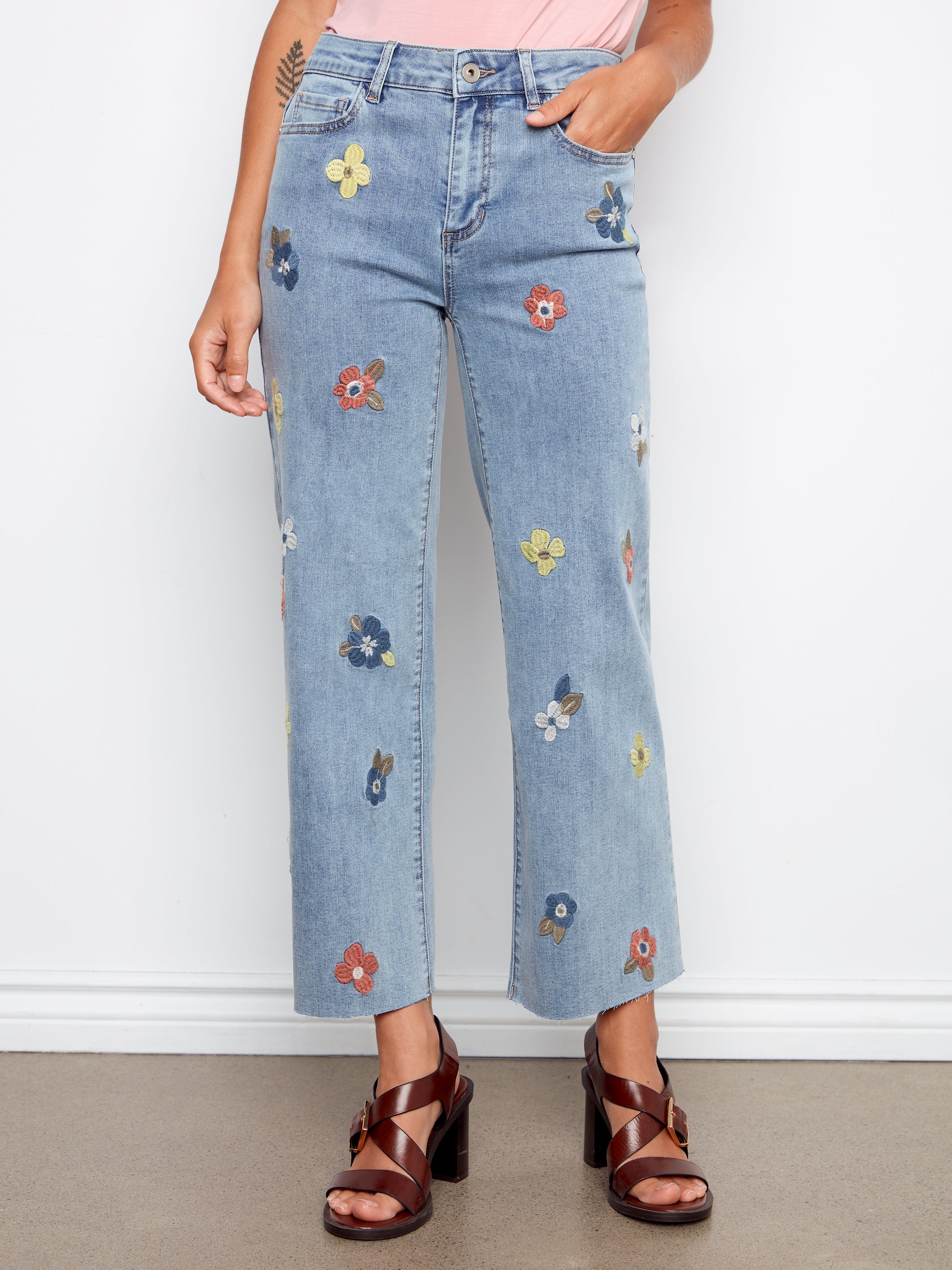 All Over Floral Embroidered Wide Leg Stretch Denim Pants