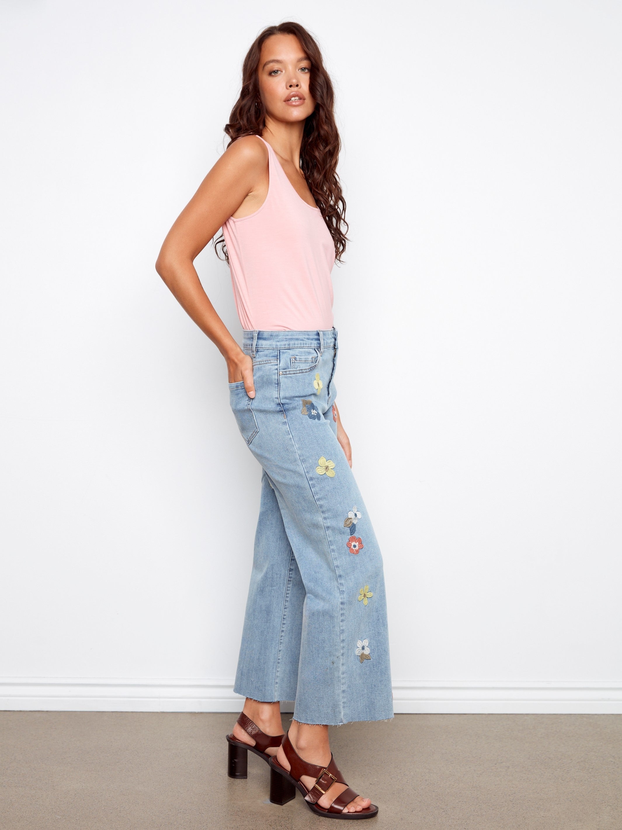All Over Floral Embroidered Wide Leg Stretch Denim Pants