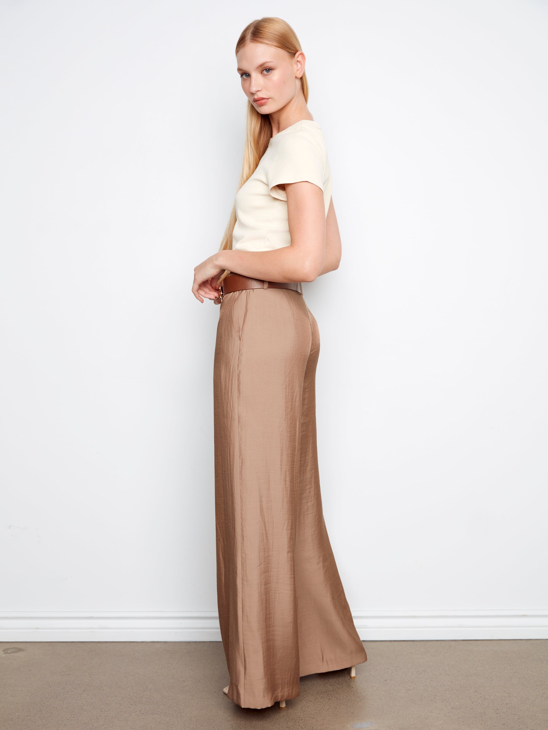 Air Flow Satin Belted Wide Leg Trousers