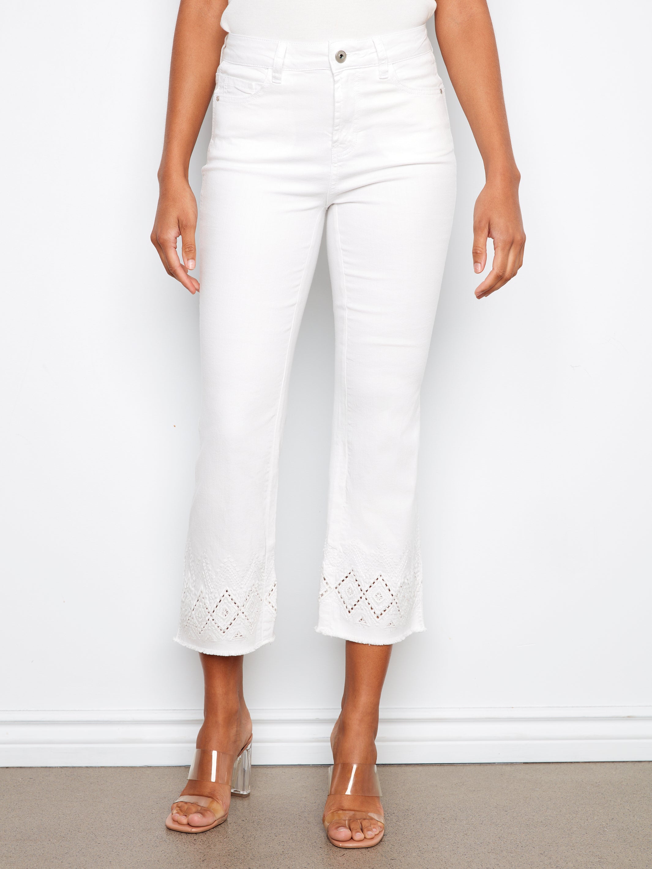 Ring Spun Denim Flare Leg Pant With Zigzag Embroidery At Hem