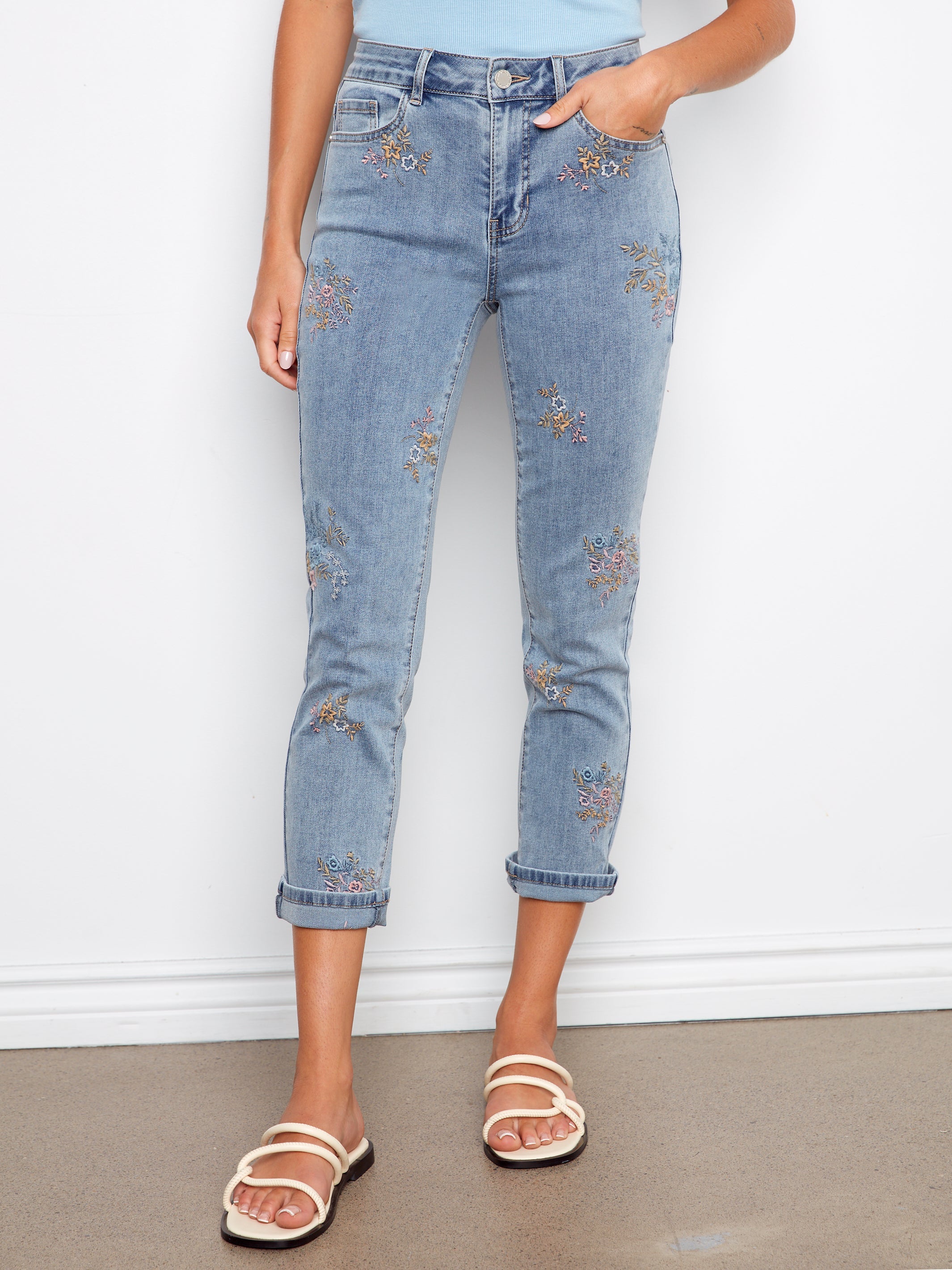 Stretch Denim All Over Embroidered Slim Leg Cuffed Pants