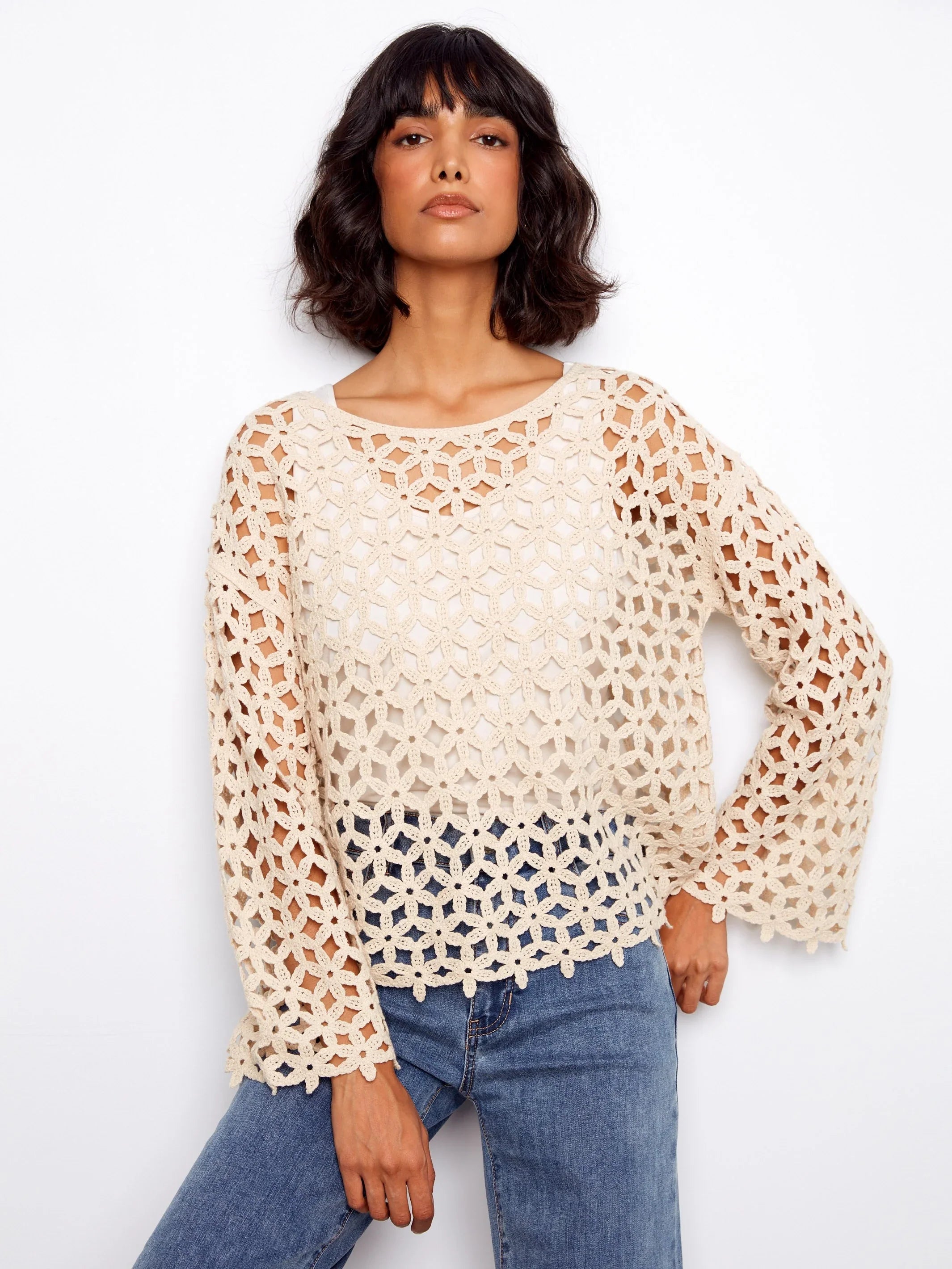 3/4 Sleeve Crochet Flower Blouse